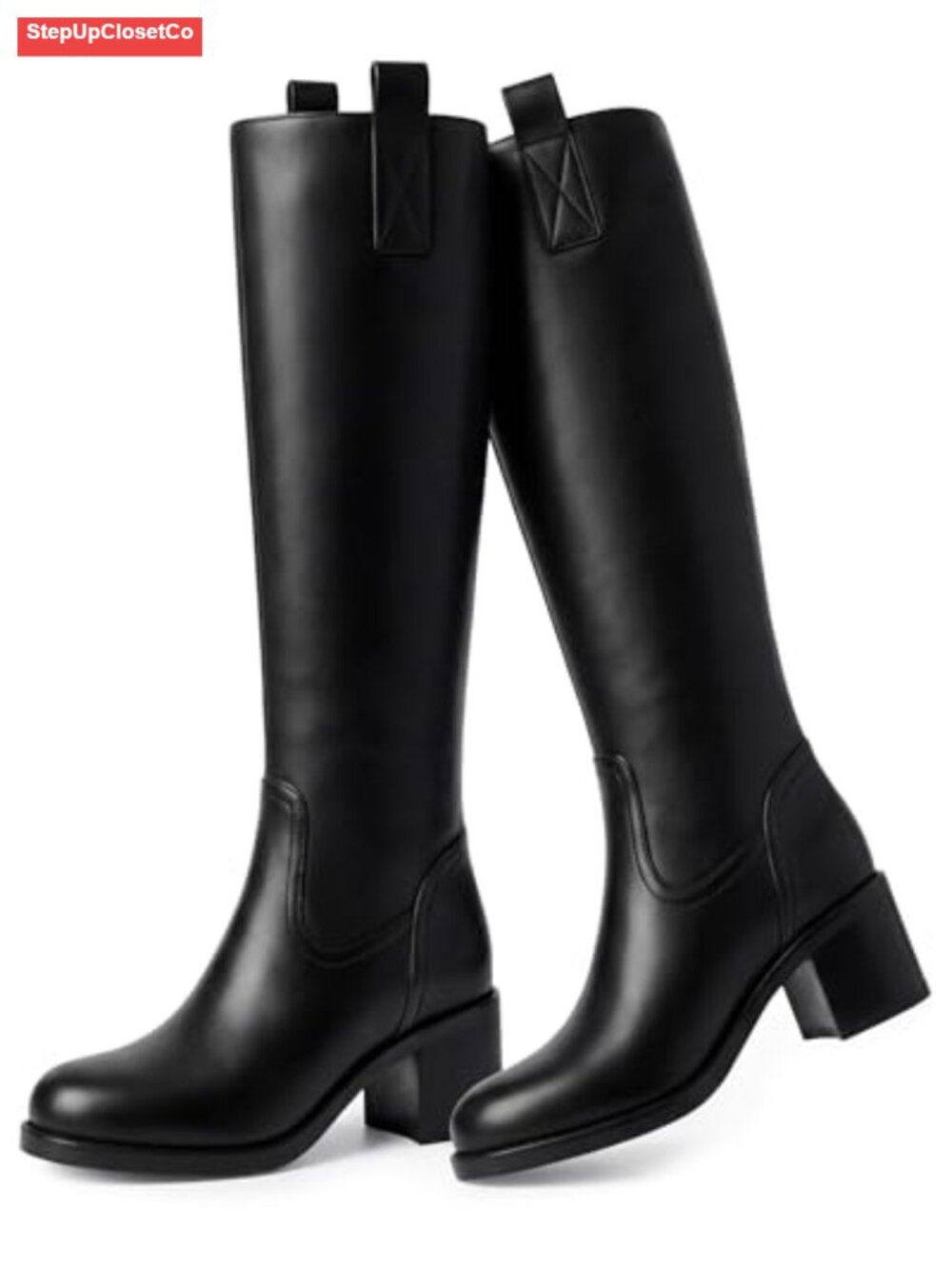 Women's Knee High Square Toe Riding Boots Faux Leather Block Heel
